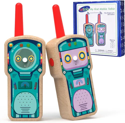 Paquete de 2 walkie talkie robot de madera para niños de 3 a 8 años