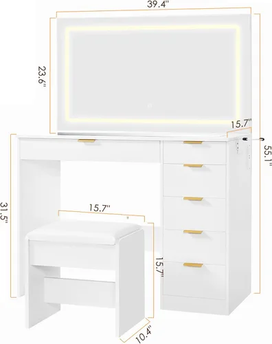 Vista 4 de ANWBROAD UBDT79A - Escritorio de maquillaje de 39 pulgadas con espejo y luces con 6 cajones y estación de carga para niñas con parte superior