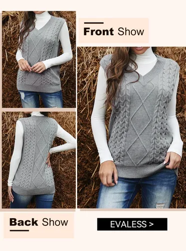 Vista 6 de EVALESS - Chaleco de gran tamaño para mujer, cuello en V, sin mangas, color sólido, suéter suelto