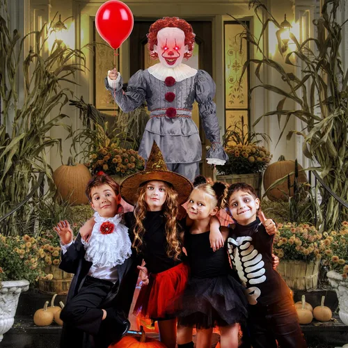 Vista 3 de Disfraz de payaso IT para adultos con máscara de látex y globos juego de lujo para Halloween