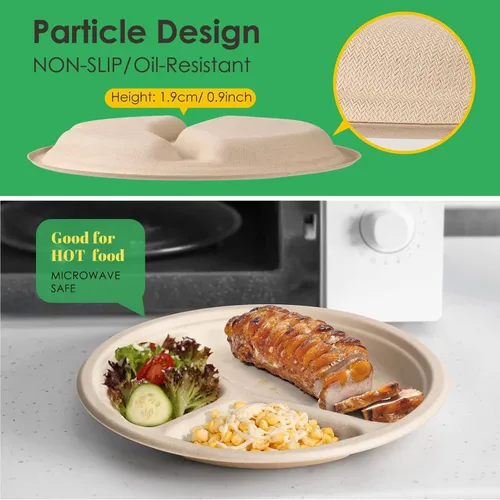 Vista 3 de Gezond Paquete de 125 platos de papel compostables de 10 pulgadas, 3 compartimentos, ecológico, desechable, dividida, caña de azúcar, resistente