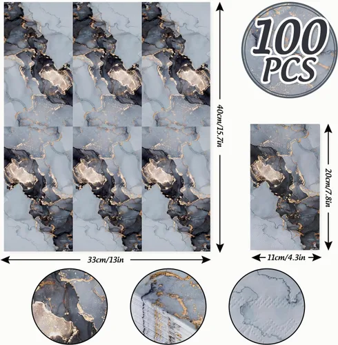 Vista 2 de AnyDesign Paquete de 100 servilletas de mármol de 3 capas desechables de papel elegante azul dorado marmoleado para fiesta, servilletas de mano