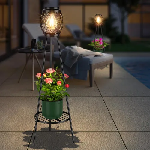 Vista 8 de MXwcy Lámpara de pie solar con soportes para plantas, luces solares para exteriores con bombillas LED Edison vintage, luces de jardín resistentes a