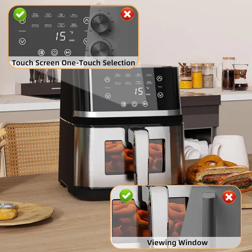 Vista 6 de Freidora de aire digital grande de acero inoxidable de 8 cuartos con ventana de vista de vidrio para uso en cocina, antiadherente, pantalla táctil
