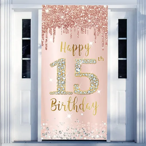 Vista 13 de Decoración de Puerta de Cumpleaños Número 85 para Mujer, Cubierta de Puerta Rosa Oro Rosa Feliz 85 Cumpleaños, Suministros de Fiesta, Cartel