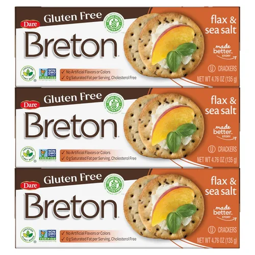 Breton Galletas de lino y sal marina sin gluten (paquete de 3) – Sin OMG, a base de plantas, para aperitivos, salsas, queso y untables, 3 x 4.76