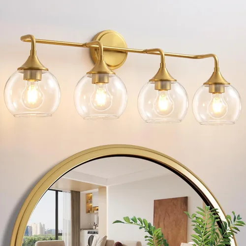Vista 15 de Lámpara de Tocador de Baño Dorada con Pantalla de Vidrio Transparente, Base E26, Luminarias de Baño de 2 Luces Sobre Espejo, Luces de Tocador de 14