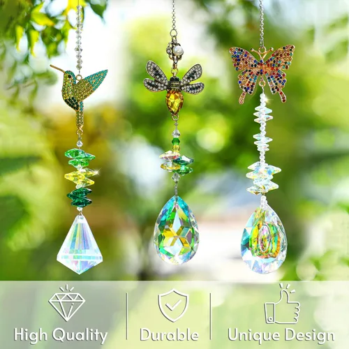 Vista 2 de H&D HYALINE & DORA 3 piezas de atrapasoles de cristal para ventanas, prisma colgante, diamantes de imitación con cadena y gancho, fabricante de arco
