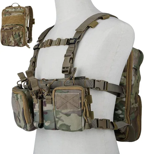 Chaleco táctico Airsoft, caja de municiones para aparejos, revistero y chaleco táctico de múltiples bolsillos con mochila Molle Flatpack, CP
