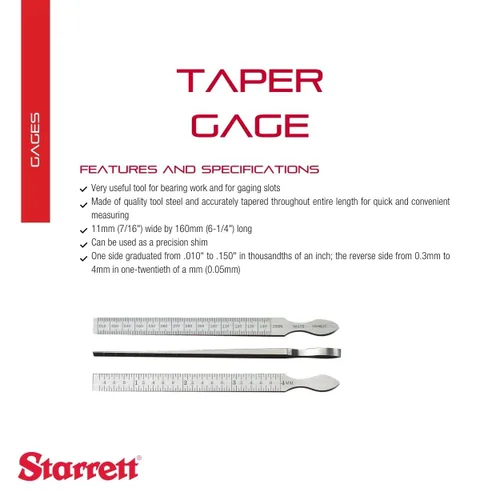 Vista 2 de Starrett Medidor cónico para medir tamaños de orificio y ranura, hecho de acero para herramientas de calidad, cuña de precisión, rango de 010-0.150