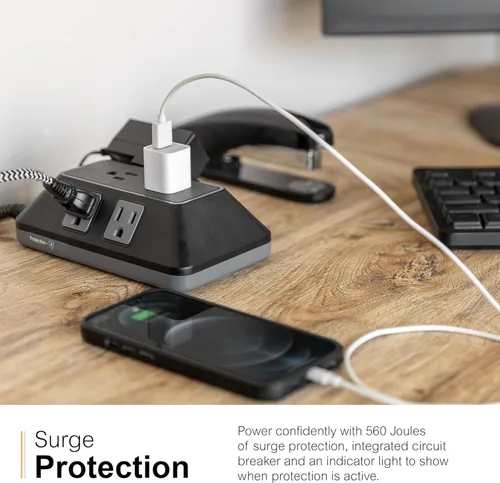 Vista 6 de GE Protector SurGE de 6 tomas, tira de alimentación trenzada de 6 pies, enchufe plano, adaptador espaciado, extensor de salida múltiple
