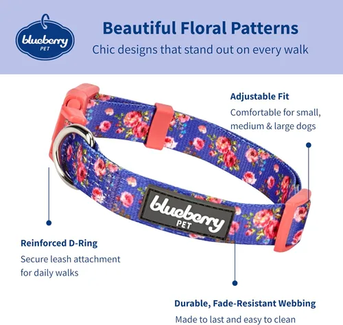 Vista 2 de Blueberry Pet 7 patrones, impresión de rosa inspirada en la esencia de primavera, collar ajustable para perro irlandés azul, XS, cuello 20,3 cm
