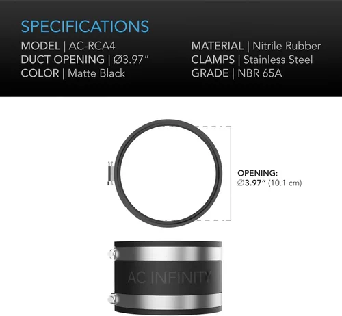 Vista 5 de AC Infinity Abrazadera de reducción de ruido de 4 pulgadas, acoplador de conducto con abrazaderas de acero inoxidable, acoplamiento de goma flexible