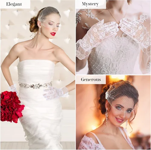 Vista 7 de Velos de jaula de pájaros para novias y guantes de encaje blanco malla de velo blanco con perlas artificiales tocado de jaula de pájaros con peines