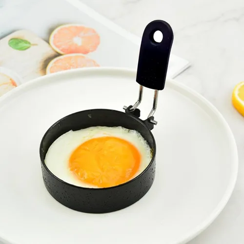 (Negro) Anillo para huevos antiadherente de 3 pulgadas con mango de silicona, molde para huevos para sándwiches de desayuno. Molde redondo para