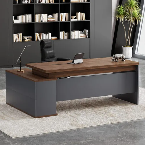 Vista 8 de 71" L Shaped Executive Desk Reversible Return with File Cabinet Drawers, Extra Large Modern Executive Desk Privacy Panel Workstation for Boss