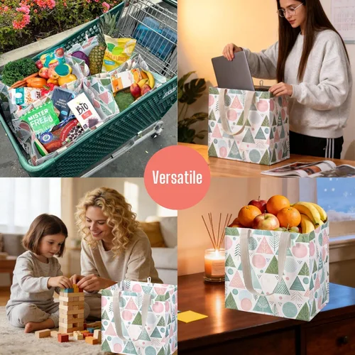 Vista 2 de VENO Paquete de 4 bolsas de comestibles reutilizables de Navidad, bolsas de compras resistentes con asas, para carrito de compras con parte inferior