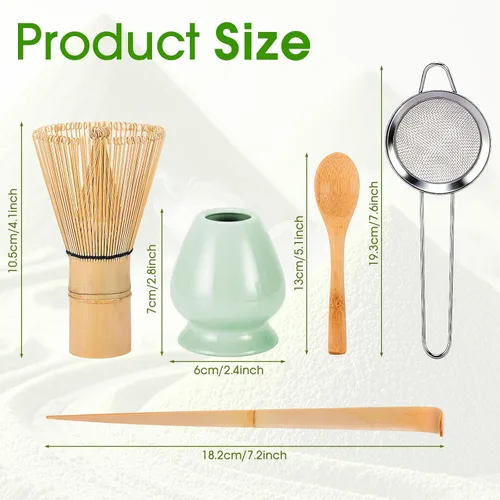 Vista 2 de Juego de 5 batidores de matcha, kit de batidores de matcha de bambú con soporte verde, accesorios de ceremonia de matcha japonesa, cuchara, batidor