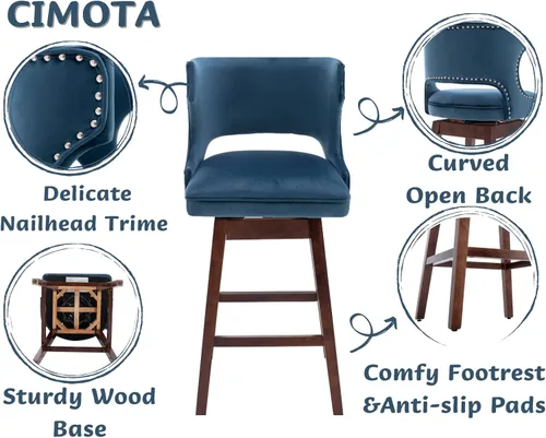 Vista 3 de CIMOTA Juego de 2 taburetes de bar de 30 pulgadas de altura, giratorias, con respaldo, taburetes de mostrador, sillas con patas de madera para isla