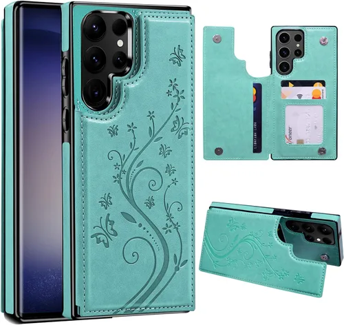 Vista 16 de Korecase Funda de teléfono tipo cartera para Samsung Galaxy S23 con tarjetero, funda de cuero PU floral mariposa - Azul