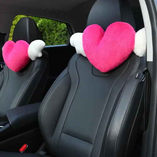 Vista 8 de Paquete de 2 almohadas para reposacabezas de automóvil en forma de corazón con alas de ángel, cómodo cojín suave para reposacabezas kawaii