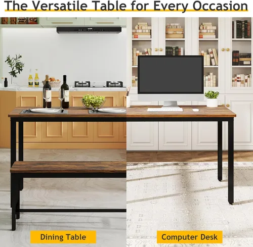 Vista 5 de Rovibek - Juego de mesa de comedor y sillas para 4, mesa de cocina moderna que ahorra espacio con 2 bancos y pies ajustables, mesa de desayuno
