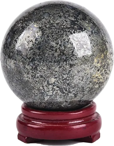 Vista 21 de AMOYSTONE Ágata calcopirita natural, bola de cuarzo simbiótico, esfera mineral de orbe de cristal curativo con base de madera