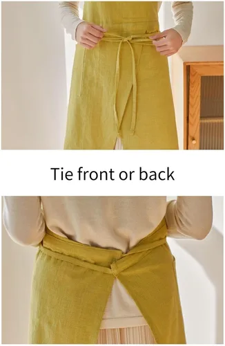 Vista 4 de Jeelow Vestido de lino de algodón para cocina, jardín, babero, espalda cruzada, delantal, para mujer, con bolsillos divididos en la parte delantera