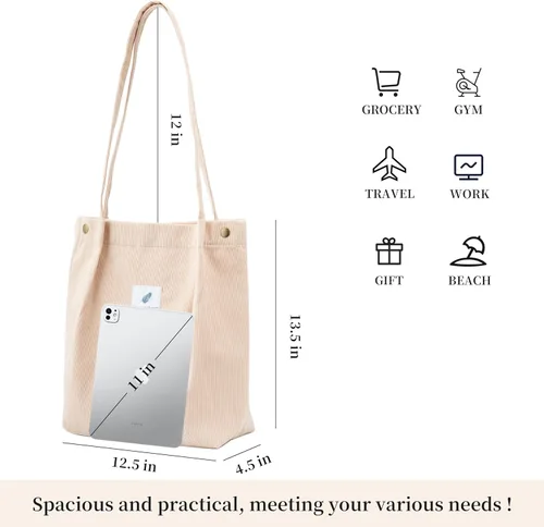 Vista 3 de Linda bolsa de pana para mujer, bolsas de hombro de lona para viajes y compras