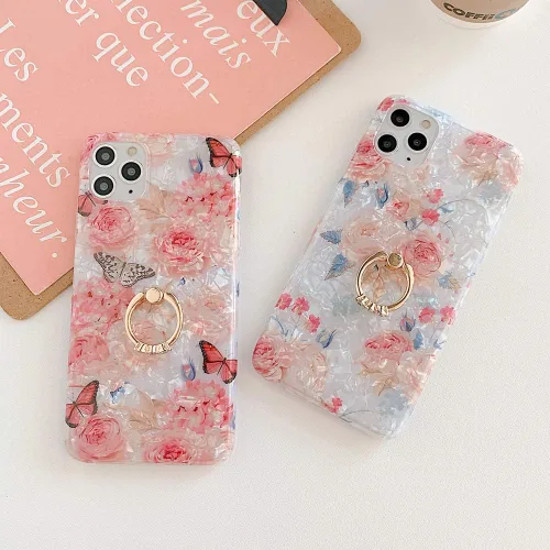 Vista 5 de Qokey - Funda compatible para iPhone XR, hermoso diseño de flores, para mujer y niña, con anillo giratorio de 360 grados, TPU suave, a prueba