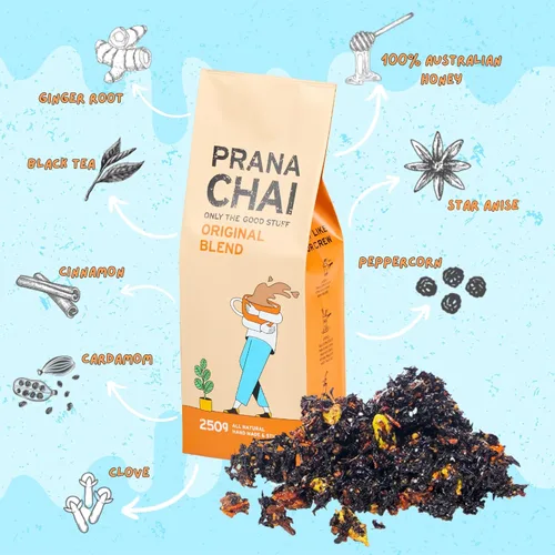 Vista 5 de Prana Chai Muestra de 3 sabores - Masala Original Chai, mezcla de cúrcuma, menta