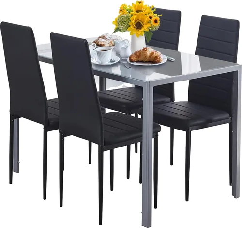 Vista 12 de Juego de mesa de comedor de cristal de 5 piezas con sillas, juego de mesa de comedor moderno para 4, juego de mesa y sillas de cocina de cristal
