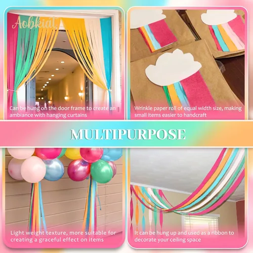 Vista 4 de AOBKIAT 5 rollos de papel crepé de serpentinas de arco iris, decoraciones de fiesta de Candyland para Navidad, cumpleaños, boda, despedida