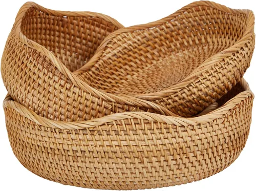 Vista 9 de Cesta redonda de ratán natural para frutas, cestas de decoración tejidas a mano, almacenamiento de mimbre para comedor (combo redondo)