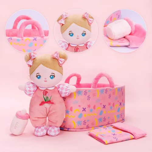 Vista 9 de OUOZZZ - Set de regalo de minimuñeca rosa de bebé afelpada de 10 pulgadas, muñeca de trapo afelpada para dormir, juguete para niños y niñas