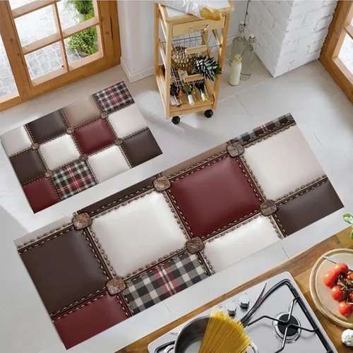 Vista 3 de Reddish Brown Kitchen Rugs, 3D Leather Patchwork Non Skid Washable Comfort Mats for Floor, Anti Fatigue Kitchen Cushioned Runner Rug Retro Plaid