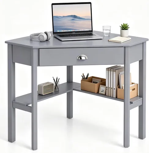 Vista 11 de Tangkula - Escritorio esquinero para computadora, mesa compacta de madera Negro