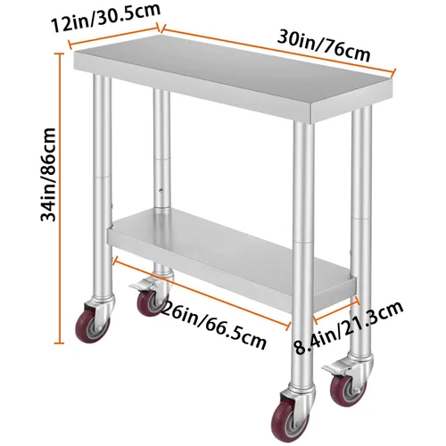 Vista 2 de TECSPACE Clearance Mesa de trabajo de acero inoxidable con ruedas de 30 x 12 pulgadas, mesa de trabajo comercial resistente con estante inferior