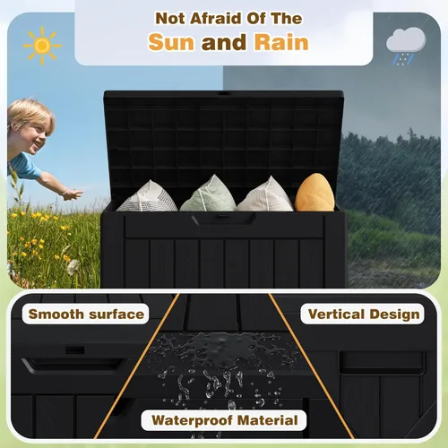 Vista 6 de Caja de resina de cubierta de 40 galones de Flamaker, caja de almacenamiento impermeable para interiores y exteriores, imitación de madera