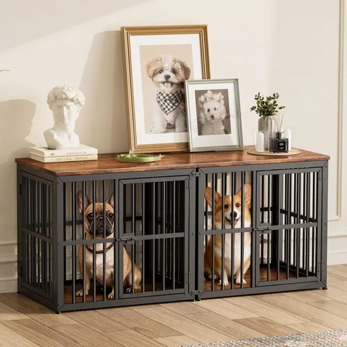 Vista 10 de Lyromix 94.48'' Mueble de jaula para perros de raza grande con soporte para TV de dos habitaciones, mesa auxiliar de jaula para perros de madera