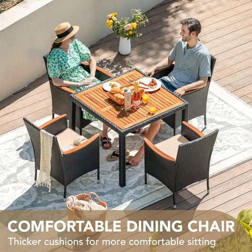 Vista 3 de Devoko Juego de 5 muebles, conversación de patio con parte superior de madera de acacia, mesa de comedor al aire libre de ratán y sillas para patio