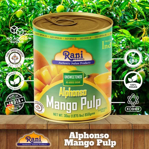 Vista 5 de Puré de pulpa de mango Rani (hace batidos de mango Lassi) Alphonso sin azúcar, 30 onzas (1.875 libras) 29.98 oz ~ Kosher Todo natural Sin OMG
