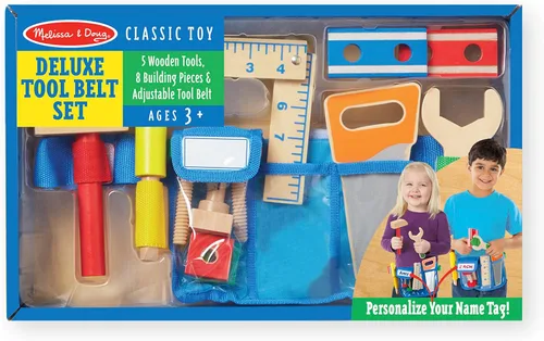 Vista 6 de Melissa & Doug Set de cinturón de herramientas de lujo, 5 herramientas de madera, 8 piezas para construir, cinturón ajustable