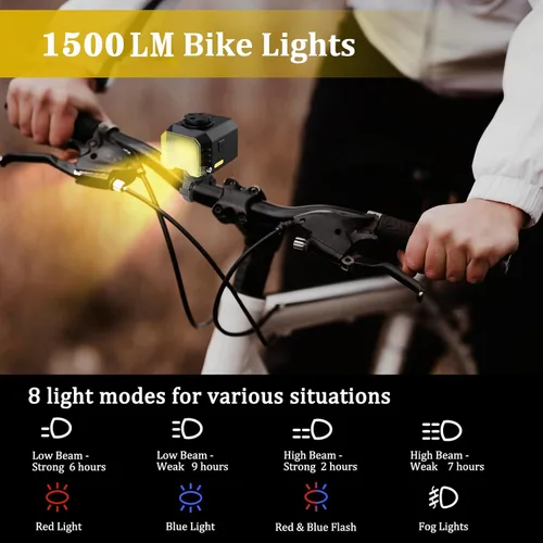 Vista 4 de LoTanop Luz recargable ultra brillante para bicicleta, IPX5, 8 modos que incluyen luces antiniebla, carga rápida tipo C, luz trasera con 5 modos
