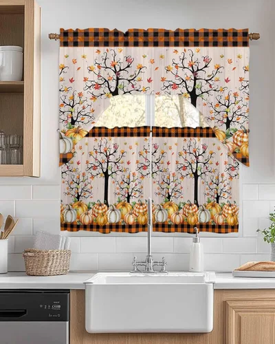 Vista 13 de Pumpkins Thanksgiving Kitchen Curtains Swag Valance and Tier Curtains Set 24 Inch Length, Fall Watercolor Botanical Leaves Retro Rod Pocket Drape