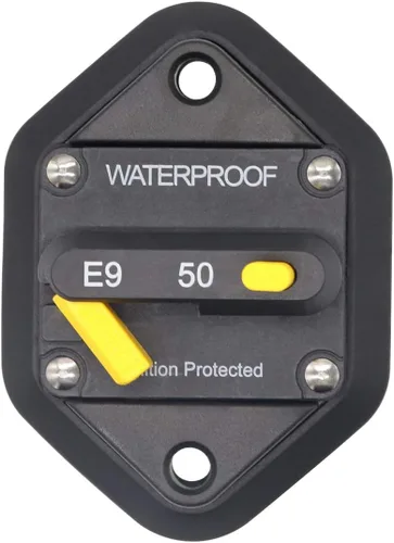 Vista 55 de Disyuntor de pernos Hi-Amp E9 T3 250A de 3/8 pulgadas con reinicio manual 12 V - 48 V CC Impermeable IP67, montaje en superficie, 250 amperios