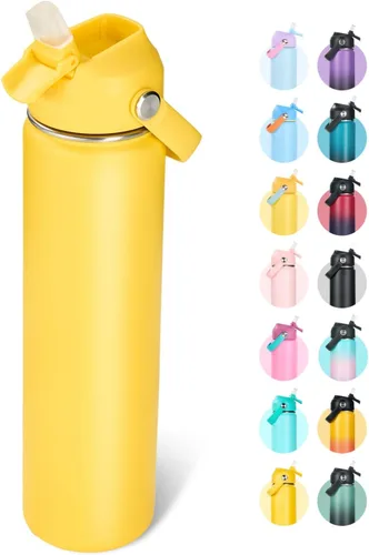 Vista 10 de Fijinhom Botella de agua aislada de 18 onzas con 2 tapas, botellas de agua de acero inoxidable, aspiradora de doble pared, mango portátil y parte