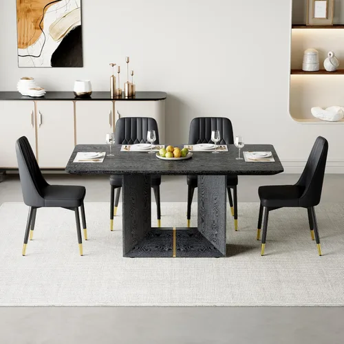 Vista 8 de Mesa de comedor negra de 160 cm para 4-6 personas ｜ Ideal para cocina y comedor ｜ Mesa de comedor moderna ｜ Chapa de grano de madera ｜ Base