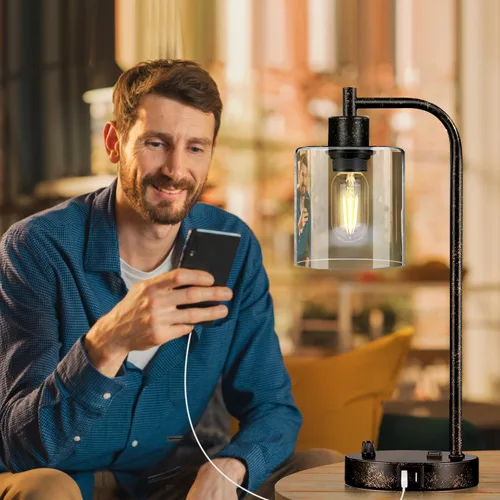 Vista 9 de Juego de 2 lámparas de mesa industriales negras y doradas con puerto USB, lámparas de noche regulables totalmente continuas para dormitorios Vidrio