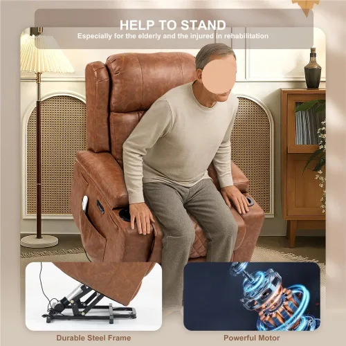 Vista 6 de Power Lift Recliner Chair for Elderly with Vibration Massage and Lumbar Heating Electric PU Leather Single Sofa with Cup Holders for Living Room